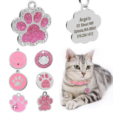 Load image into Gallery viewer, Custom Cat ID Tag Personalized Cat Name Tag Pendant Collar Engraved Cats Kitten Name Plate Accessories Paw Round Glitter Pink
