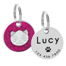 Load image into Gallery viewer, Custom Cat ID Tag Personalized Cat Name Tag Pendant Collar Engraved Cats Kitten Name Plate Accessories Paw Round Glitter Pink