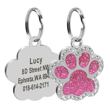 Load image into Gallery viewer, Custom Cat ID Tag Personalized Cat Name Tag Pendant Collar Engraved Cats Kitten Name Plate Accessories Paw Round Glitter Pink